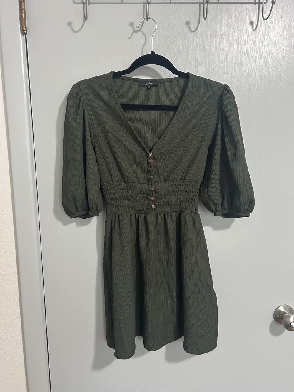 Olive Green Puff-Sleeve V-Neck Dress Boho Cottagecore Feminine